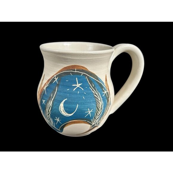 2 Vintage Moon & Star Art Pottery Hand Thrown Painted Incised Artist Signed Mugs - Picture 2 of 13
